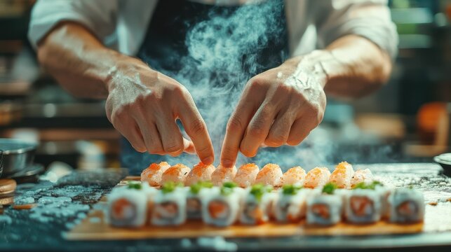 Close-up cropped image of male chef in white shirt and black apron preparing steaming sushi roll. Hands in focus with rising steam. Japanese cuisine, professional cooking concept.