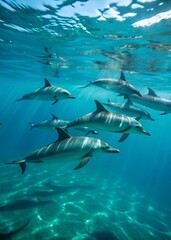 Fototapeta premium School of Dolphins Swimming Underwater in Clear Ocean, Marine Wildlife Photography