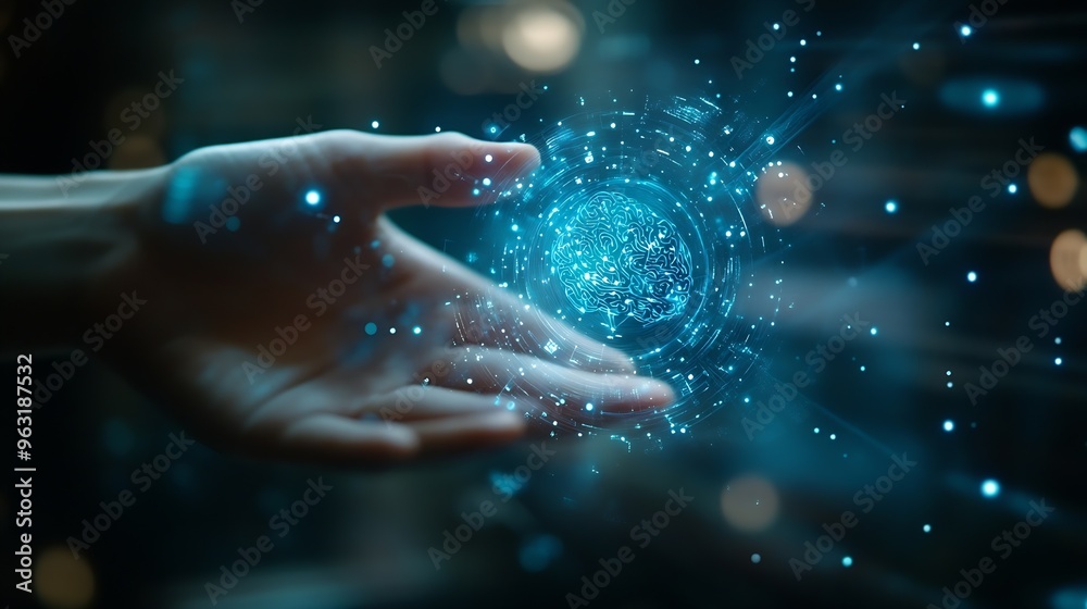 Aufkleber Hand touch virtual for brain digital technology system development or big data knowledge learning innovation future digital transformation : Generative AI