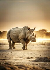 Fototapeta premium Rhino Walking Through Desert at Sunset, Wildlife Conservation Photography