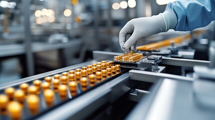 Concept med industry on medicine factory Worker use control panel of automatic machine production line for manufacture of medical plastic form for surgical kit : Generative AI