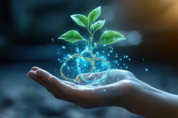 Green Energy Innovation. Close-up of hand holding glowing plant sprout with digital particles symbolizing growth and innovation, perfect for technology, environment, business, sustainability, future