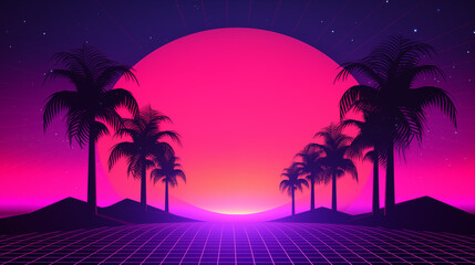 Naklejka premium Vaporwave Palm Trees Sunset Silhouette With Grid Landscape