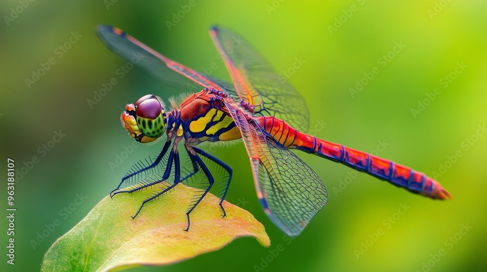 Poster high-definition shot of a dragonfly resting on a leaf, with a focus on its intricate wing patterns a