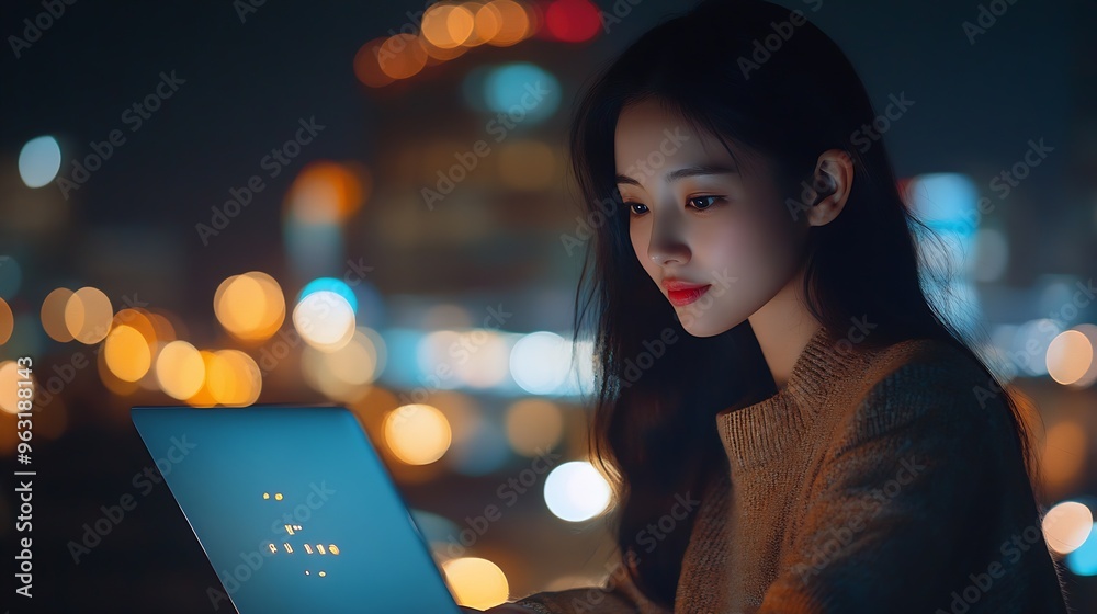 Poster Young Asian woman using laptop computer sending and download digital data info with blur city night Mobile connect networking with cloud communication concept : Generative AI