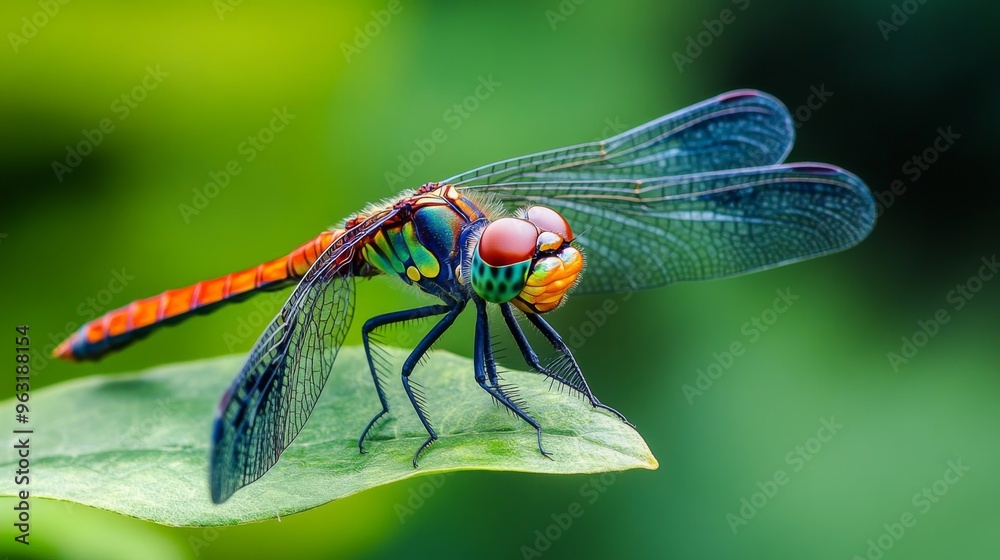 Poster high-definition shot of a dragonfly resting on a leaf, with a focus on its intricate wing patterns a
