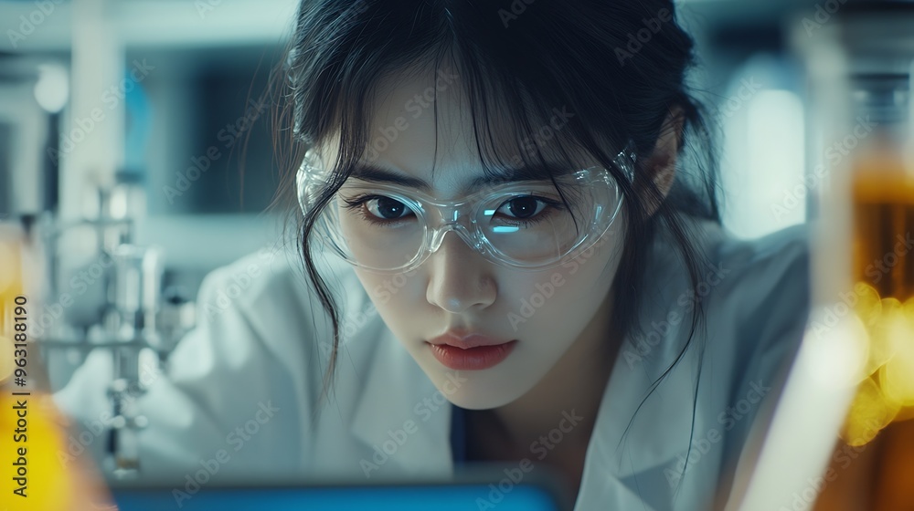 Poster chemistry laptop and science with woman in laboratory for medical or pharmaceutical research compute