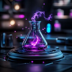 A captivating glass flask with glowing purple liquid, set against a futuristic laboratory backdrop, radiating intriguing energy.