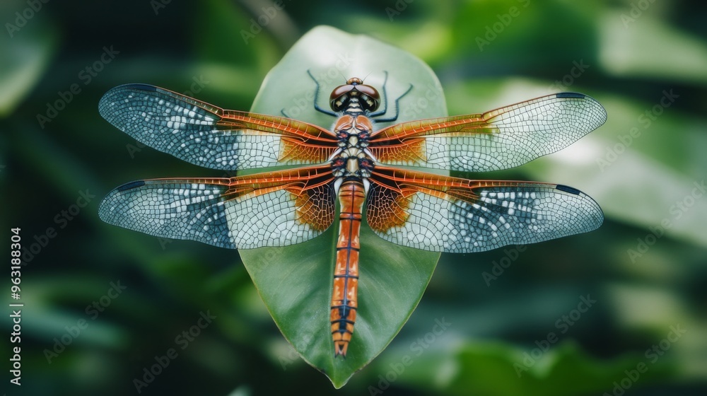 Poster high-definition shot of a dragonfly resting on a leaf, with a focus on its intricate wing patterns a