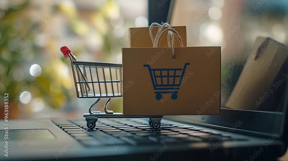 Poster shopping online cardboard box with a shopping cart logo in a trolley and paper bag on laptop keyboar