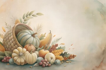 Cornucopia with pumpkins, fruit, and corn for Thanksgiving watercolor