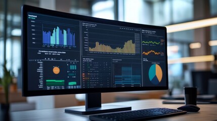 Naklejka premium High-definition shot of a financial dashboard with multiple graphs, including line charts and pie charts, displayed on a large monitor.