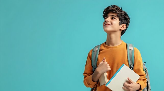 Full body side view happy young teen Indian boy student wear casual clothes backpack bag hold books do winner gesture isolated on plain pastel blue background High school university co : Generative AI