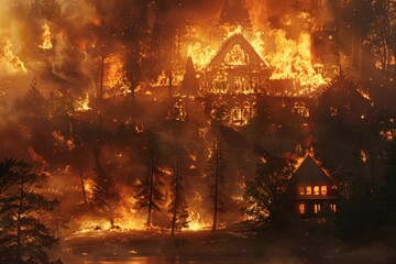 Obraz premium Dramatic wildfire engulfing forest and structures in flames against a dark, smoky background Bright orange and red hues dominate the scene