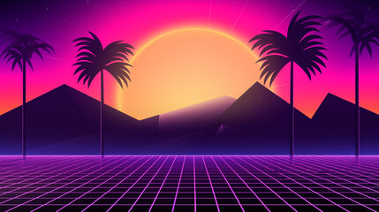 Fototapeta premium Neon Sunset Behind Mountains With Palm Trees In Vaporwave Grid Design