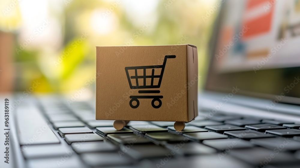 Poster shopping online cardboard box with a shopping cart logo in a trolley on laptop keyboard shopping ser