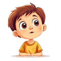 Obraz premium A cheerful cartoon boy with big eyes and brown hair isolated on transparency PNG background, wearing a yellow shirt, looking up in wonder, Great for children's books, educational material, kids' apps