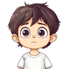Obraz premium A cartoon illustration of a worried boy with big eyes and t-shirt can be used for educational materials isolated on transparency PNG background, children's books, parenting blogs