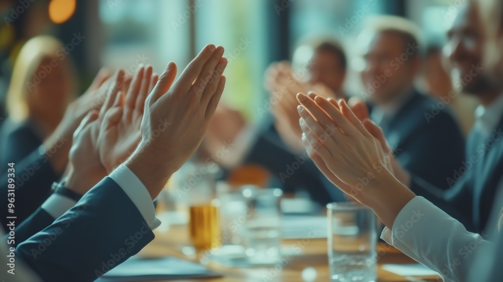 Aufkleber business people presentation and meeting with applause for thank you congratulations or well done ab
