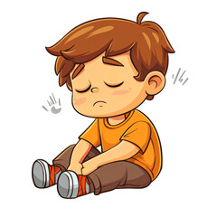 Obraz premium A sad cartoon boy sitting with his eyes closed isolated on transparency PNG background, perfect for educational materials, children's books, or websites addressing child emotions and mental health,