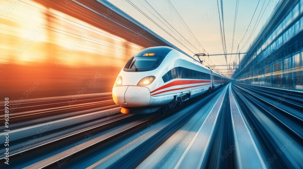 Leinwandbilder high-definition shot of a high-speed train on elevated tracks, emphasizing its sleek profile and the