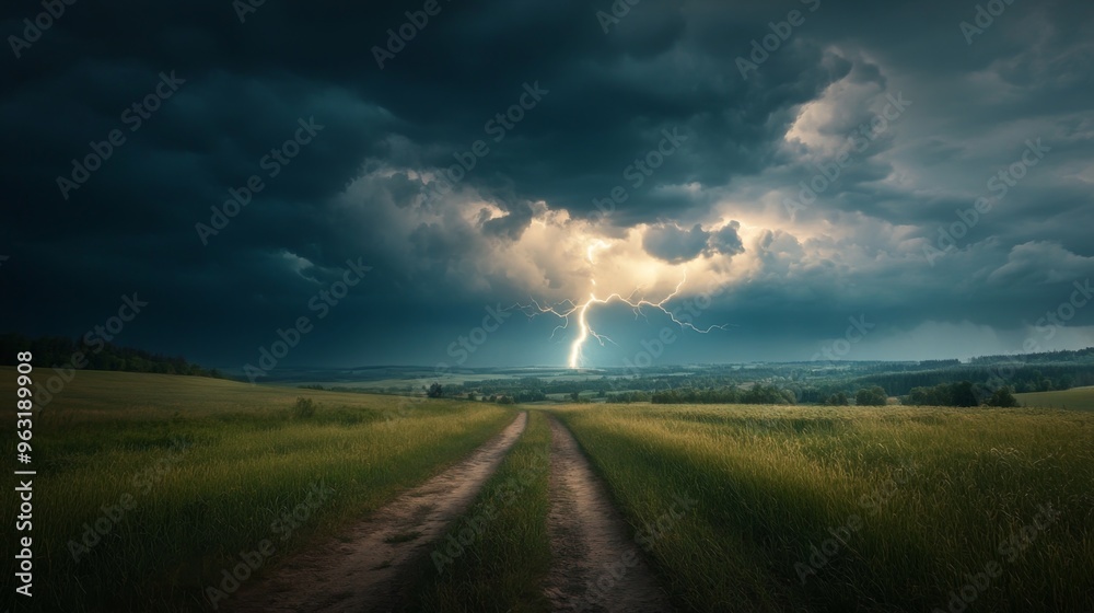 Poster high-definition shot of a lightning storm over a rural landscape, with dark clouds and bright lightn