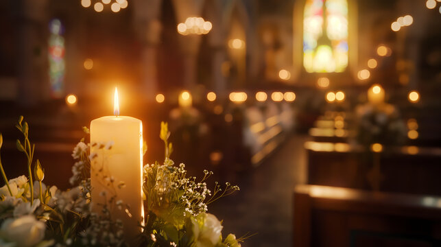 Paschal candle lit during an Easter service, surrounded by soft candlelight and floral decorations, warm and sacred atmosphere, church, Easter and Christianity