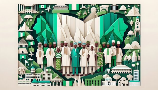 illustration in paper-cut style on Nigerian culture, traditional Nigerian attire, Zuma Rock and the National Mosque. Celebration of National Independence Day of Nigeria.