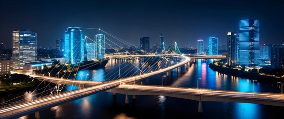 Modern cityscape and communication network concept. Telecommunication. IoT (Internet of Things). ICT (Information communication Technology). 5G. Smart city. Digital transformation.