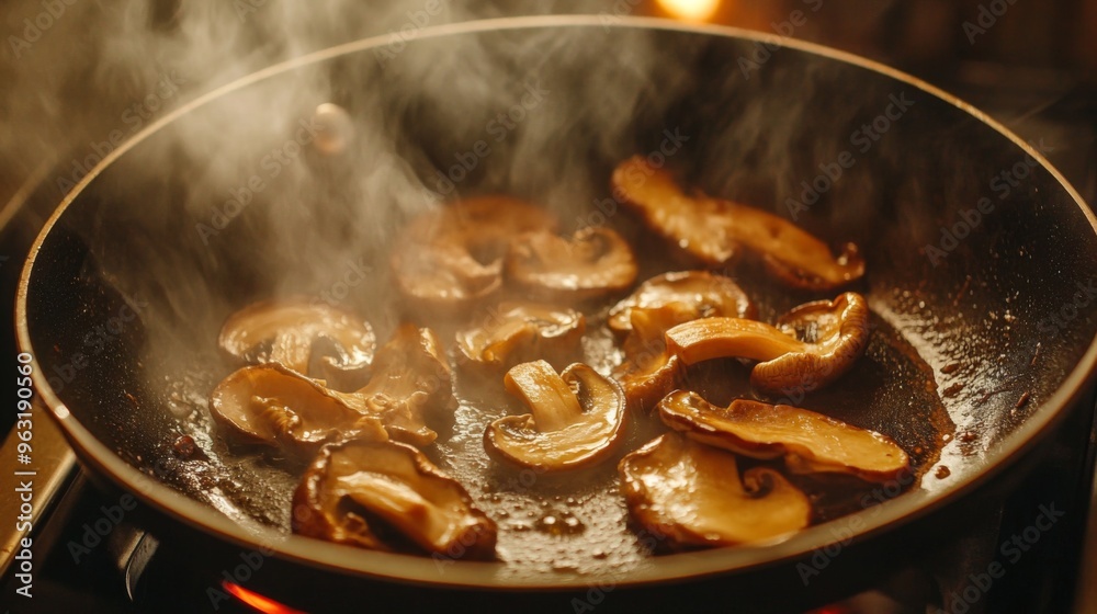 Aufkleber High-definition shot of a shiitake mushroom being saut in a pan, capturing the sizzling action and the golden-brown color developing on the mushrooms.