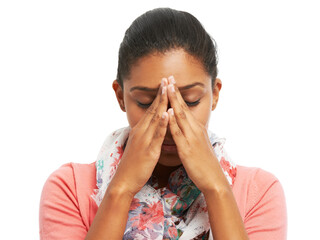 Headache, stress and woman in studio with worry for medical emergency, sinus issue and inflammation. Burnout, health and isolated person frustrated for tension, strain and pain on white background