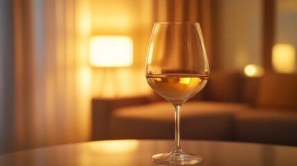 High-definition shot of a single wine glass with a rich, golden white wine, elegantly set on a table with soft, ambient lighting in the background.