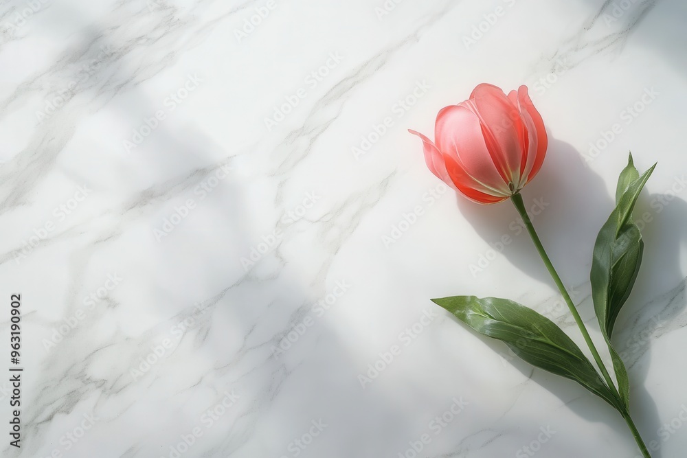 Poster A delicate pink tulip lies elegantly on a marble surface, illuminated by soft natural light, creating a serene and tranquil mood. Generative AI