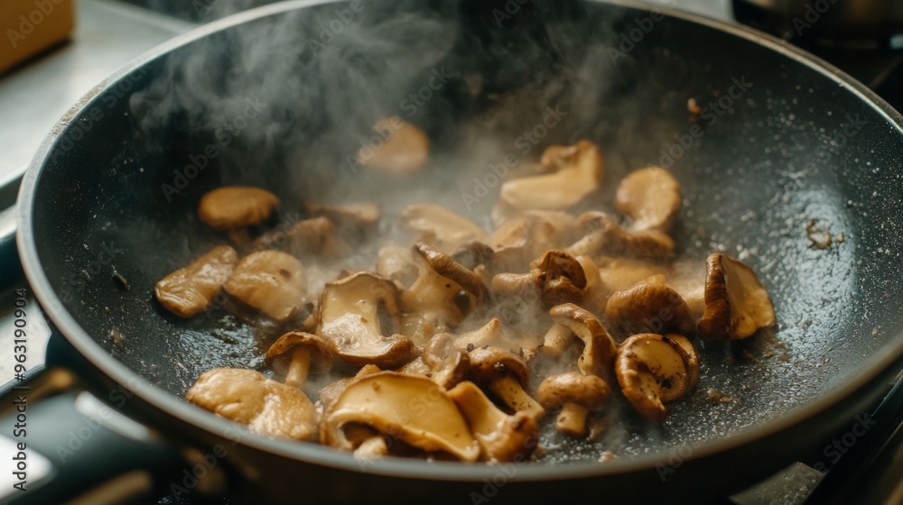 Poster High-definition shot of a shiitake mushroom being saut in a pan, capturing the sizzling action and the golden-brown color developing on the mushrooms.