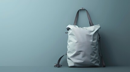 White cotton women's personal bag displayed on a soft blue-gray background. Clean and minimal mockup with copy space, perfect showcasing branding, eco-friendly products, or online fashion storefront