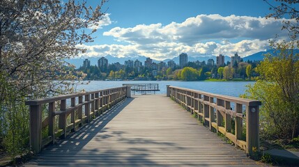 Fototapeta premium Pier and walkway by riverside Sunny spring day in beautiful riverpark in New Westminster BC Canada Beautiful spring landscape Nobody Street photo travel photo : Generative AI
