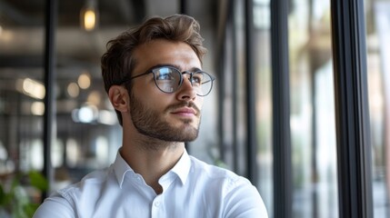 Fototapeta premium High-definition shot of a young businessman in a stylish office, looking out of a window with a thoughtful expression, showcasing contemplation and leadership.
