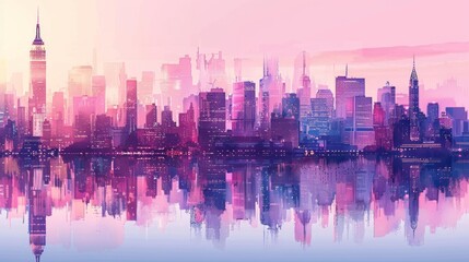 Fototapeta premium A stunning and vibrant depiction of a city skyline reflected beautifully at sunset time
