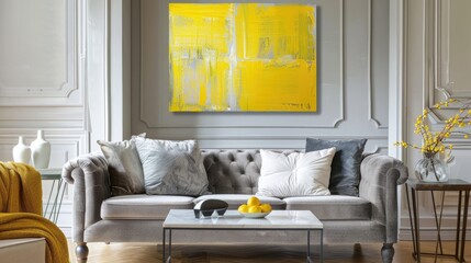 Yellow artwork displayed above gray couch in stylish living space