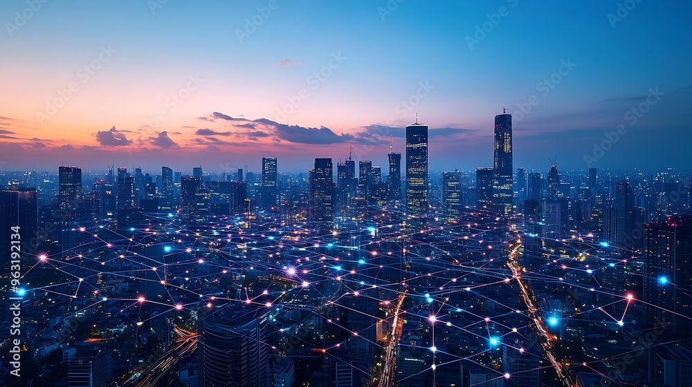 Aufkleber modern city and wireless communication network concept smart city digital transformation vertical vi