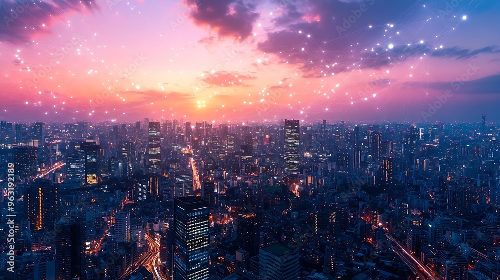 Aufkleber Telecommunication network above city wireless mobile internet technology for smart grid or 5G LTE data connection concept about IoT global business fintech blockchain : Generative AI