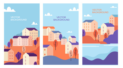 Templates, design backgrounds for social networks, cityscape backgrounds with houses, buildings and trees, summer banner backgrounds for posters and advertisements, web design.