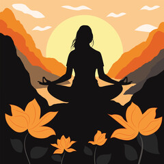 Silhouette of a woman meditating in the mountains at sunrise