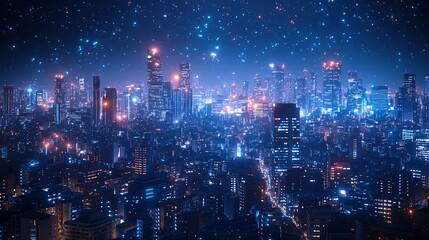 Smart city digital transformation development concept Band lights over modern urban cityscape at night New fast internet communication 5G technology Fiber Optics : Generative AI
