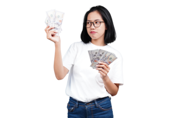 An sad asian woman counting money isolated transparent
