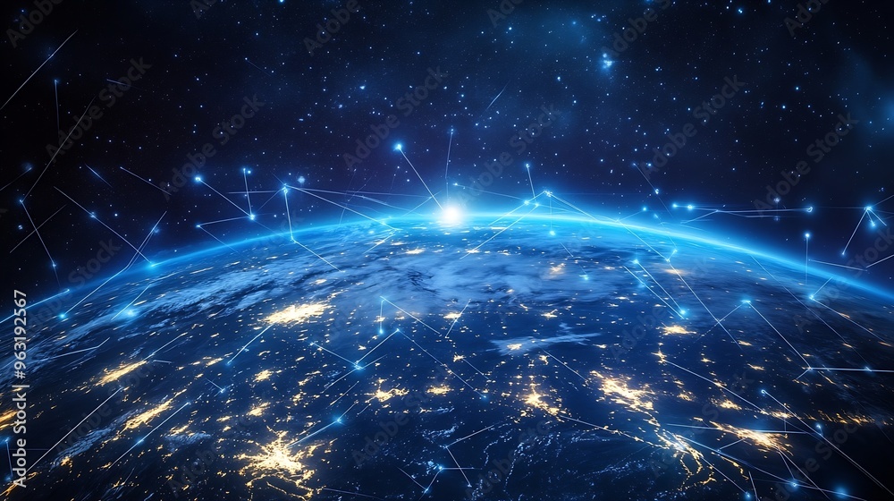 Poster Global world network and Communication technology conceptbig dataiot Solutionnew normaldigital twinvrwireless and 5g for internet business on earthElements of this image furnished by N : Generative AI