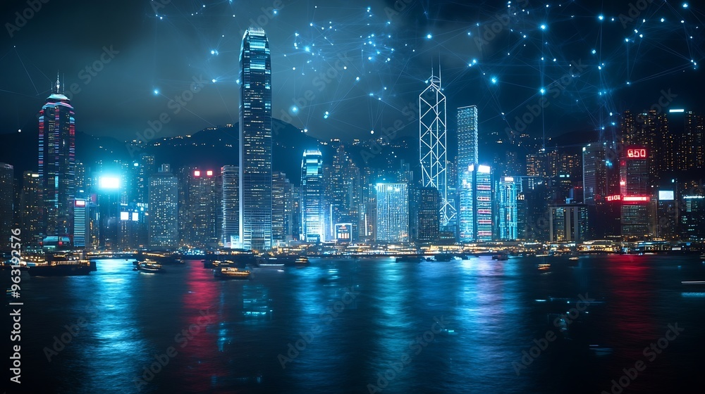 Fototapete Smart network and Connection technology concept Hong Kong digital city background at night in victoria harbour Cyberpunk color style Panorama view : Generative AI