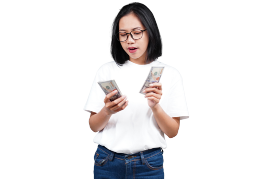 An sad asian woman counting money isolated transparent