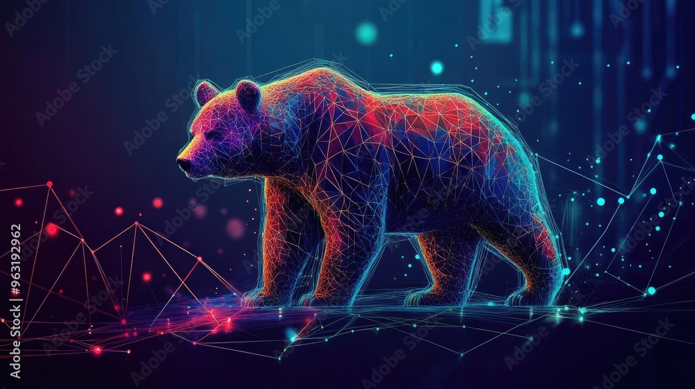 Poster a stylized, glowing bear showcasing a digital art design with vibrant colors and geometric patterns,