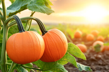 A pair of vibrant pumpkins hanging on a vine at sunset, showcasing the beauty of a pumpkin patch in autumn.